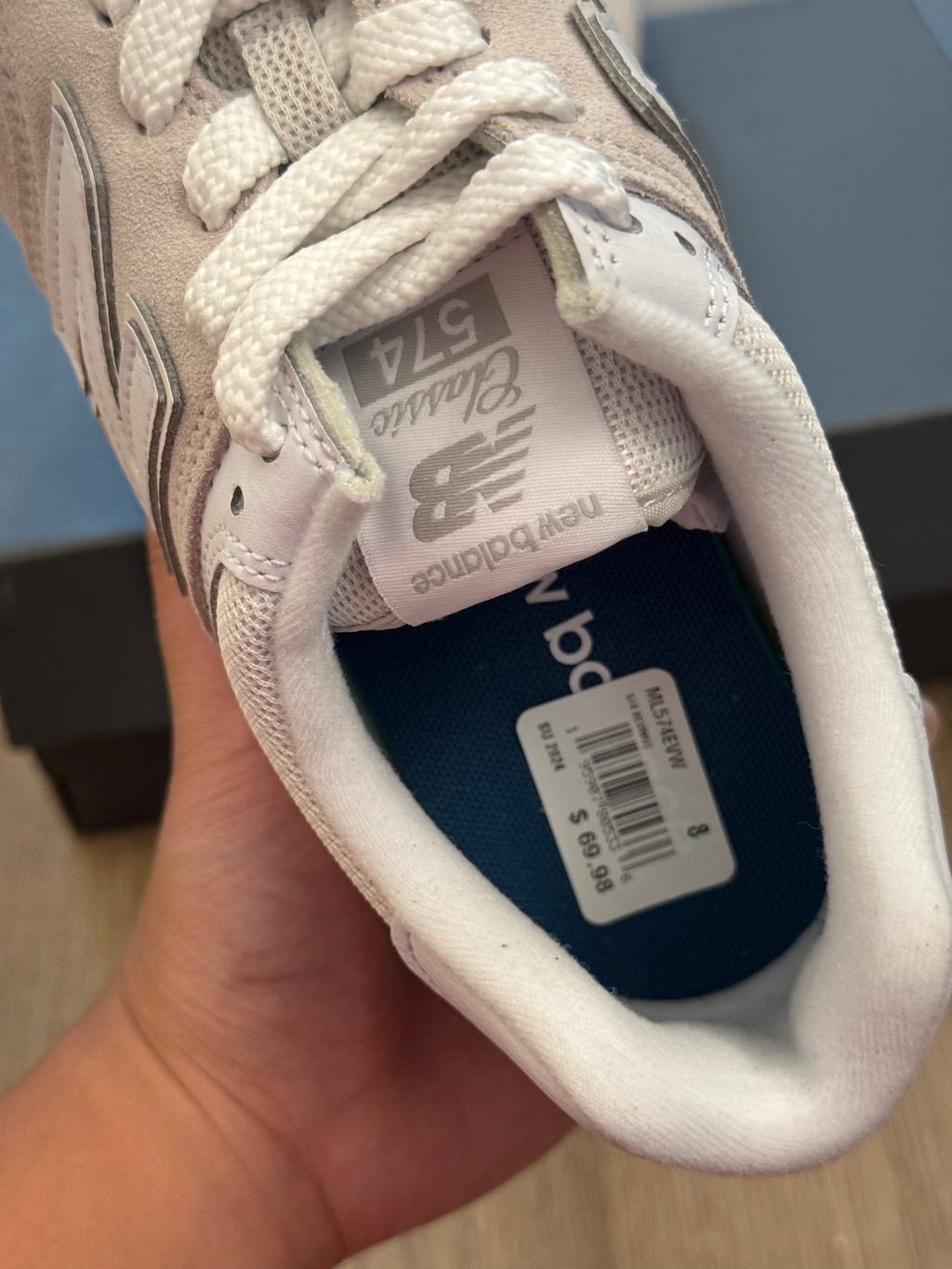 New Balance 574 Core – Nimbus Cloud / White – Men's Size 8 Women's Size 9.5