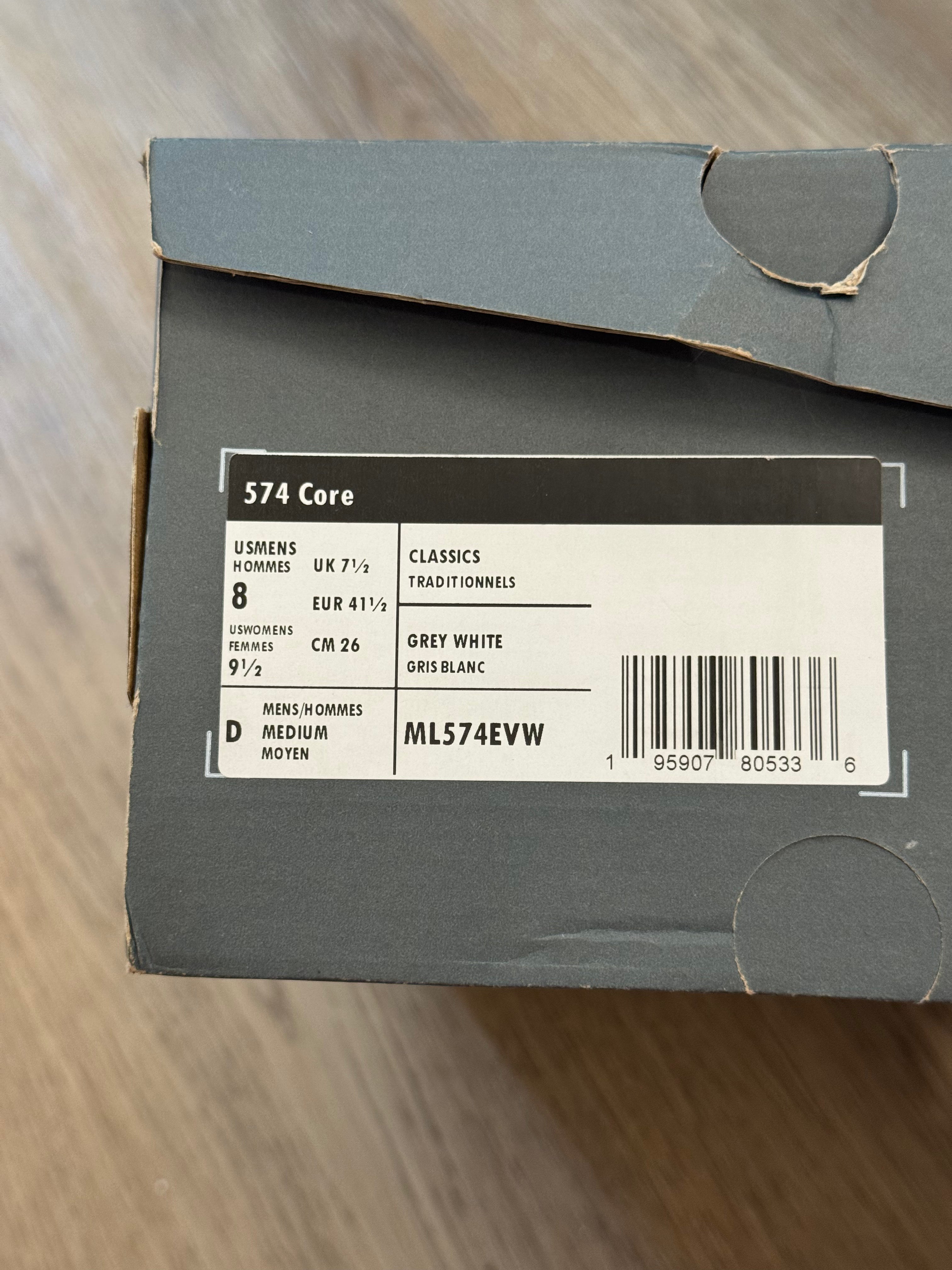 New Balance 574 Core – Nimbus Cloud / White – Men's Size 8 Women's Size 9.5